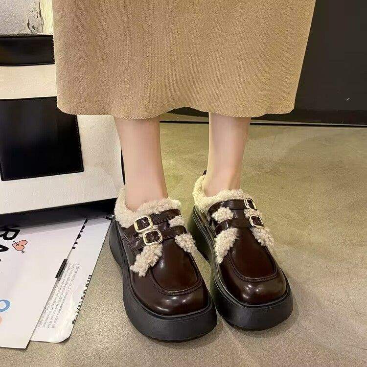 Size 31-46 British Style Retro Platform Small Leather Shoes, New Velvet Warm Cute Bow Mary Jane Shoes