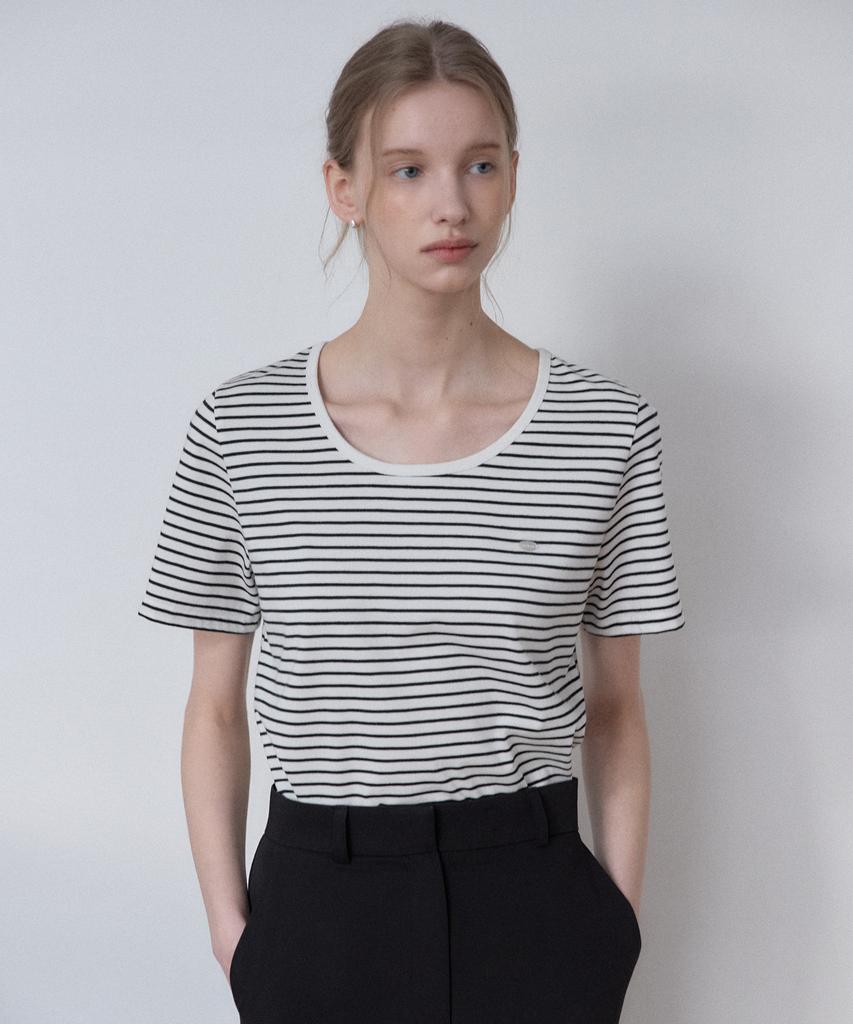 OURHOPE Logo Striped U-Neck T-Shirt - Black