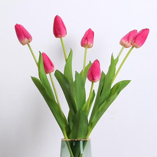 Artificial Tulip with Green Leaves Realistic Fake Flower Stem Wedding Party Table Centerpiece Indoor Outdoor Faux Bloom Decoration