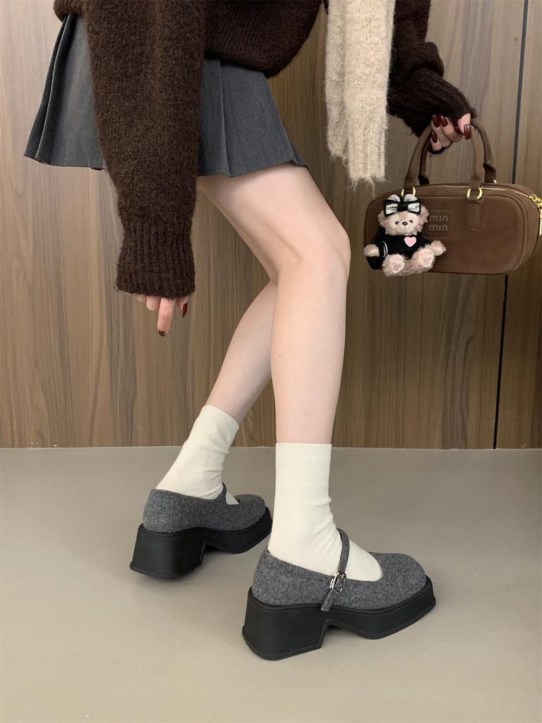 Fashion Thick Bottom Platform Ladies High Heels Elegant Square Toe Mary Jane Mules For Women Warm Pumps French Elegant Dress Boat Shoes