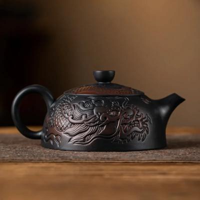 Bule de Cerâmica Roxa Jianshui com Escultura de Dragão Pintado à Mão Bule Antigo em Relevo Bule Doméstico Conjunto de Chá Kungfu Chaleira