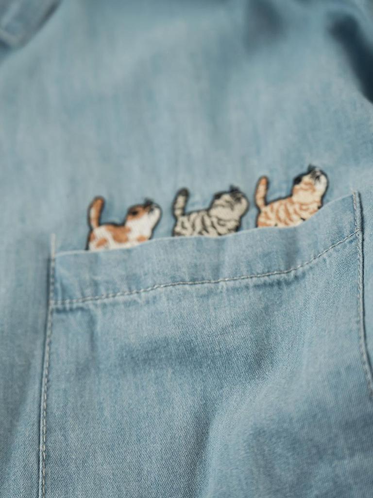 Women's Retro Cartoon Embroidered Cotton Denim Shirt - Long Sleeve, Casual Top for Spring/Autumn 2025