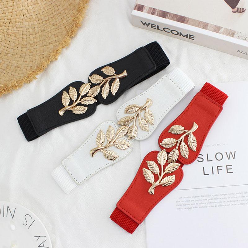 Trendy Golden Leaves Buckle Wide Elastic Waist Belt For Ladies Waist Belt Clothing Accessories Party Decoration