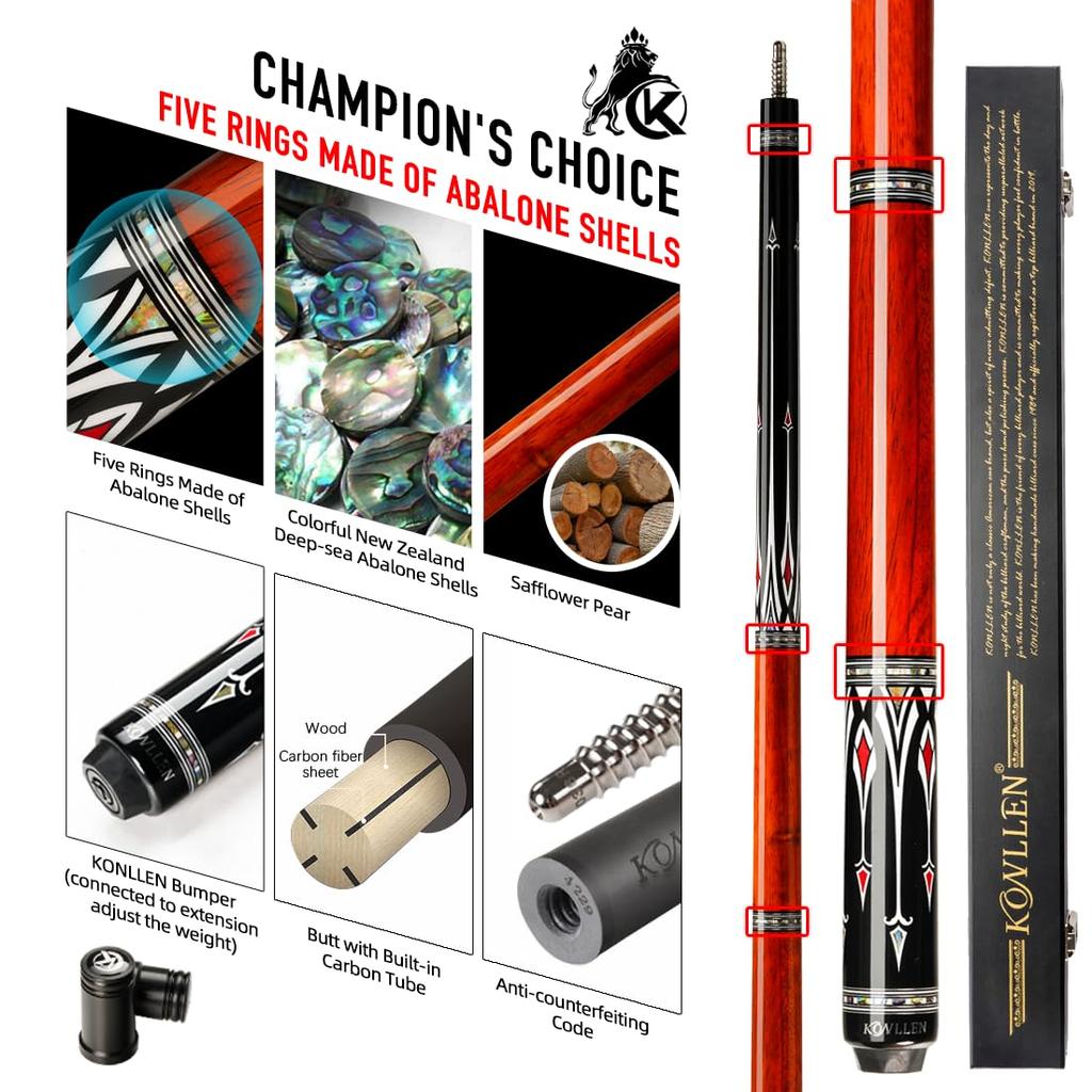 KONLLEN Carbon Fiber Pool Low Hand Professional Adult Pool Cue Cue, 147cm, 12.5mm, Deflection, Inlay, Ultra-Smooth Feel,