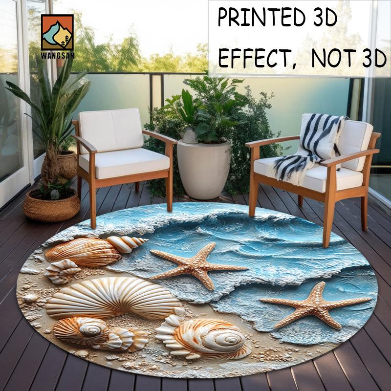 Printed 3D Beach Shell Starfish Round Rug Ocean Wave Sand Texture Flannel Carpet Bathroom Entryway Coastal Decor Seaside Themed