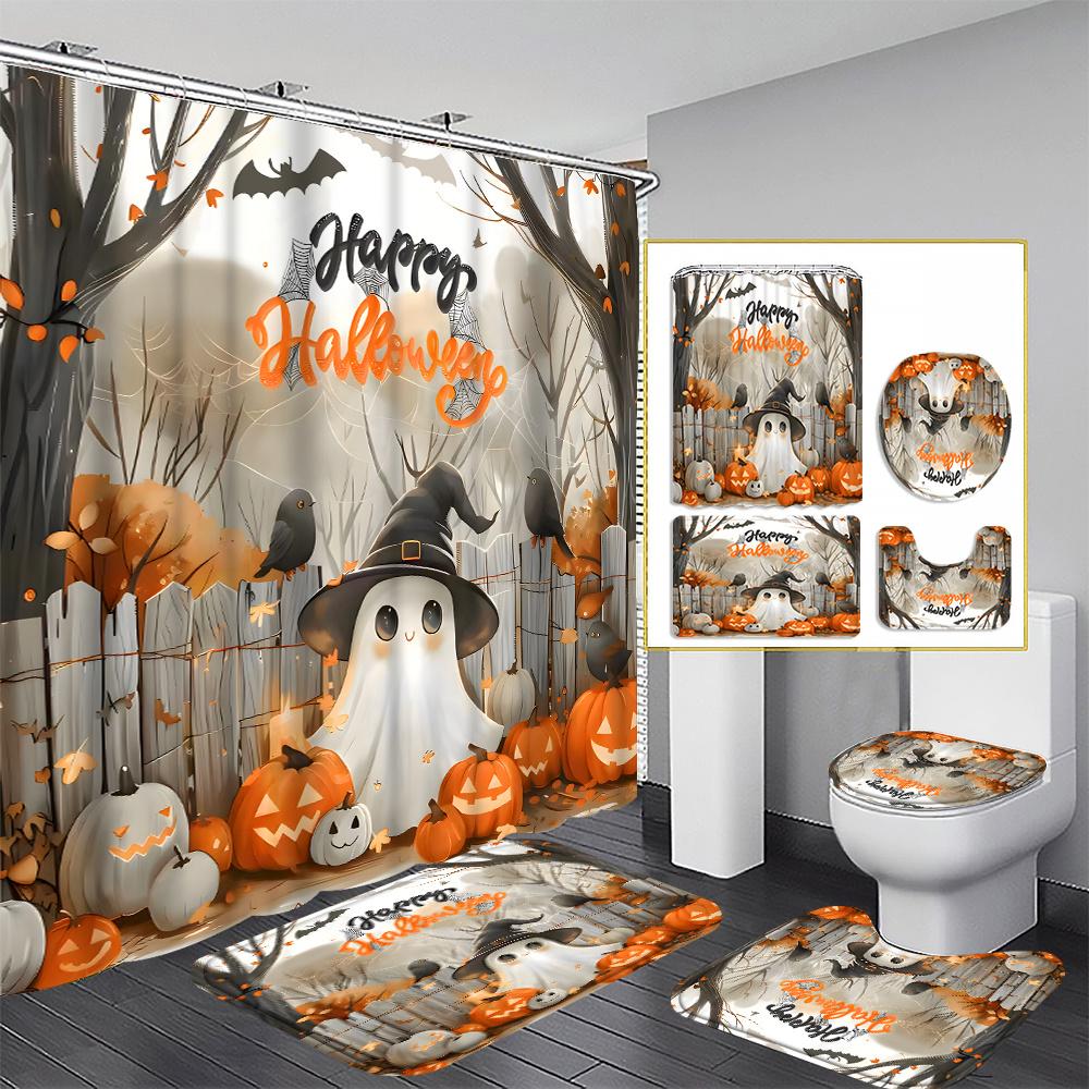 Hot 4Pcs Halloween Shower Curtain Set with 12 Hooks & Toilet Mat, Spooky Bat Ghost Print Waterproof Bathroom Decor for Housewarming