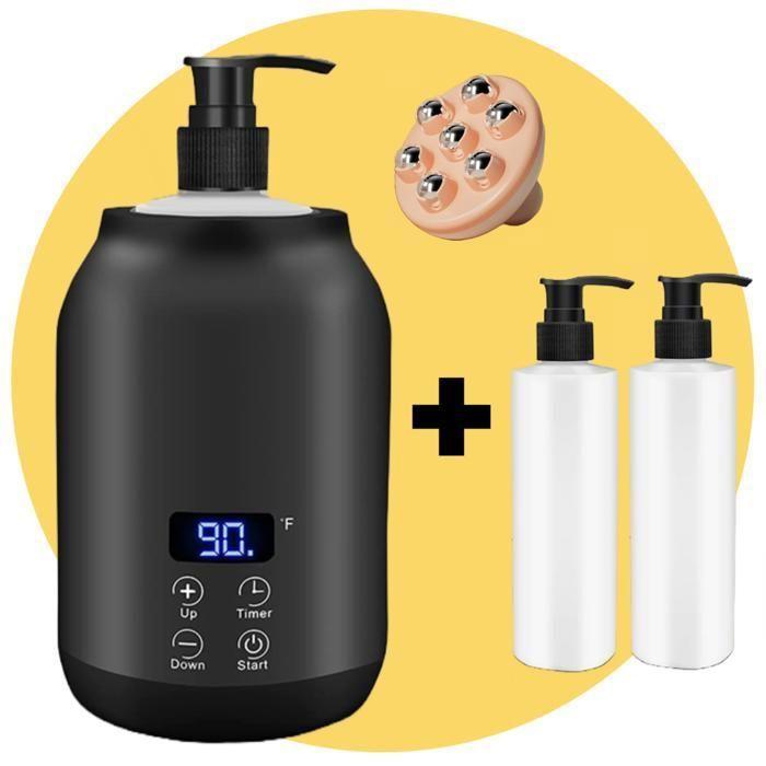 Bolusso Black Massage Oil Heater - 30 à 65 degrés - Guasha - Inclut 2 distributeurs &amp; outil de massage - Bouteille électrique