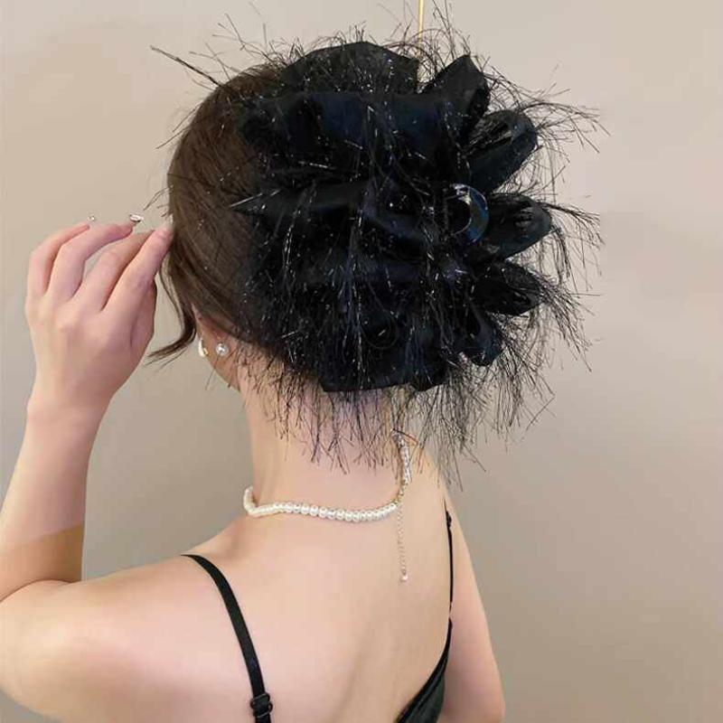 Elegant Mesh Flower Hair Clip in Black for Women Shark Claw for Ponytail Perfect for Celebrations and Days