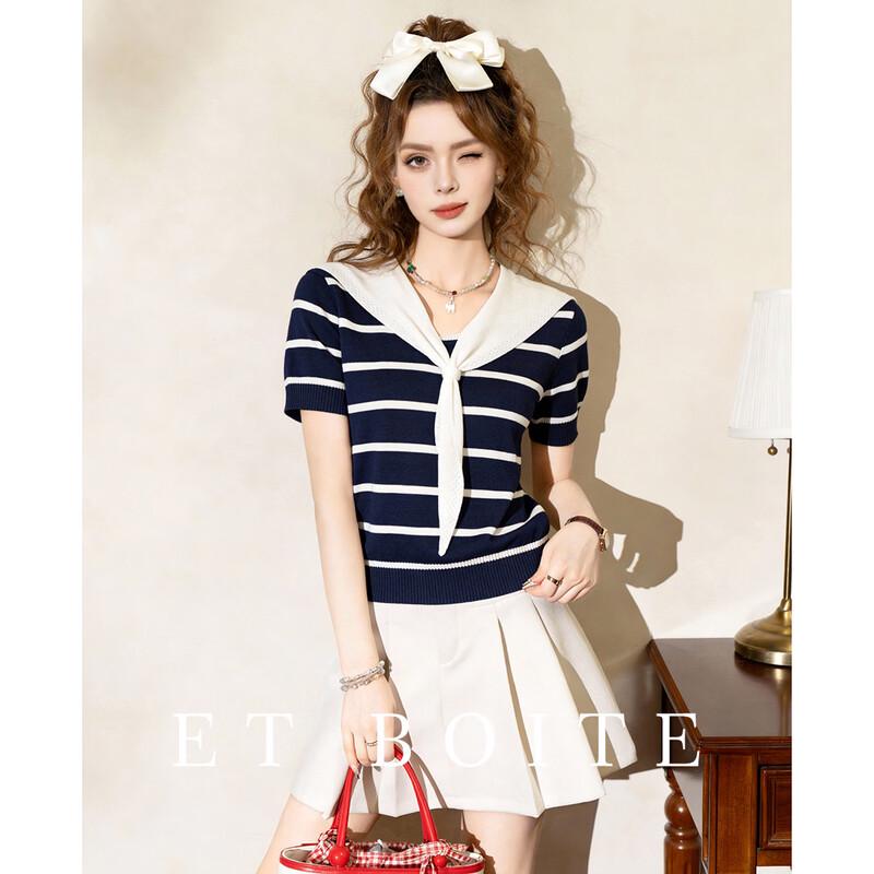 ET BOITE Sailor Collar Knit Short Sleeve Top One Size