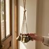 Vintage Bronze Bell Craft Bohemian Metal Pendant with Wooden Beads & Jute Rope, Retro Rustic Garden Chime Hanging Wind for Home Window Door