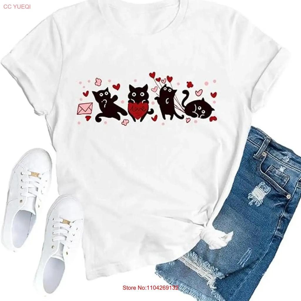 Valentines Day T Shirt Black Cats Love Heart Vintage Graphic Stretched Top For Everyday Wear Fashion Streetwear Casual