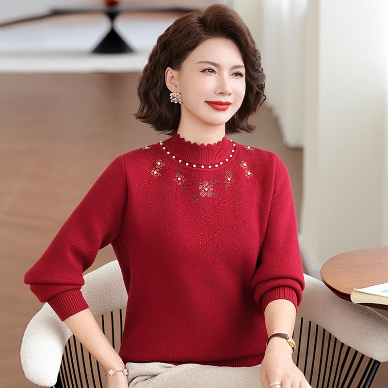 Fleece-Lined Red Winter Sweater for Mother's Zodiac Year - Mid-Aged Women's Half-High Collar Base Layer