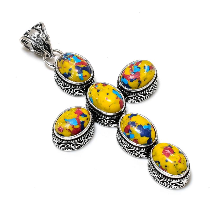 Mosaic Jasper Gemstone Pendant 925 Sterling Silver- Handmade Cross Design, Everyday Wear Jewelry, Unique Mosaic Jasper Pendant Father's Day Gifts