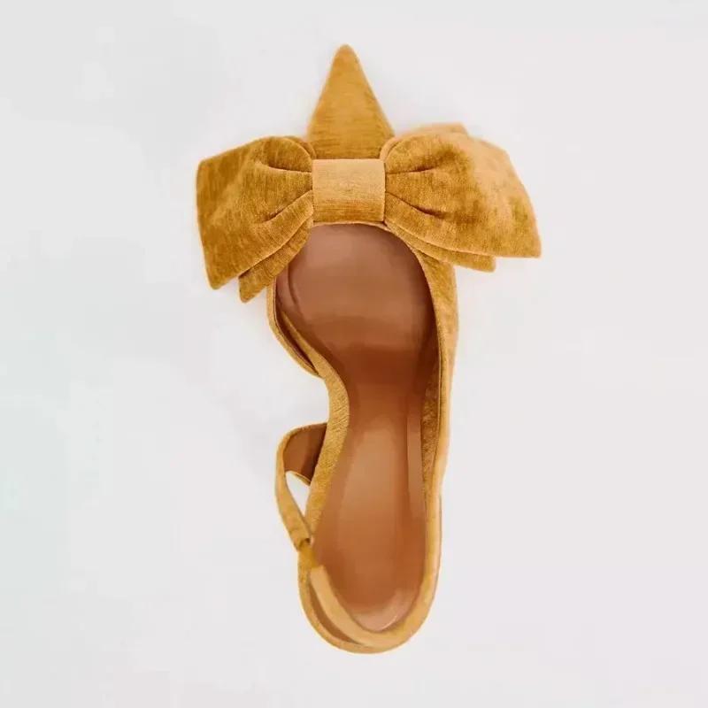 Fashion Designer Velvet Slingback Heeled Sandals Women Elegant Bow Decoration Back Strap Pointed Toe High Heels Dress Shoes Women Pumps