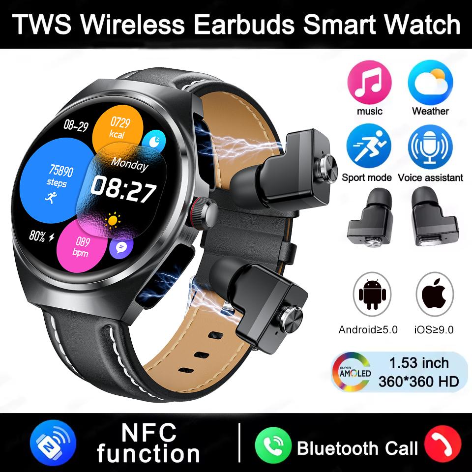 2026 2-in-1 Smart Watch with Earbuds NFC Smartwatch TWS Bluetooth Earphone Heart Rate Blood Pressure Monitor Bluetooth Call Sport Fitness Watch