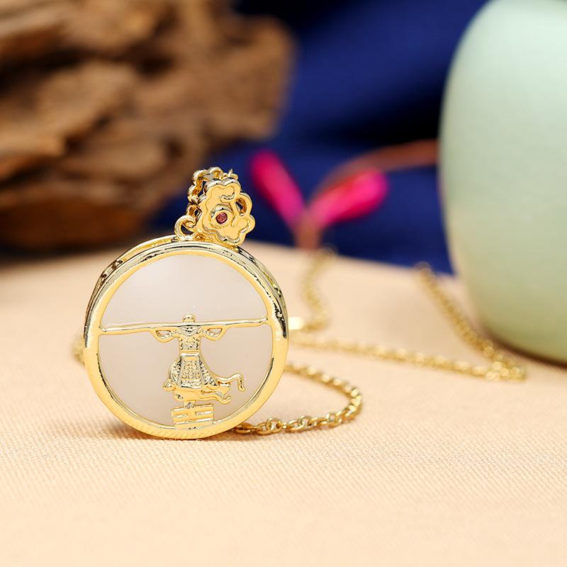Chinese style imitation Hetian jade safety buckle necklace women's retro temperament titanium steel clavicle chain gold inlaid jade pendant with