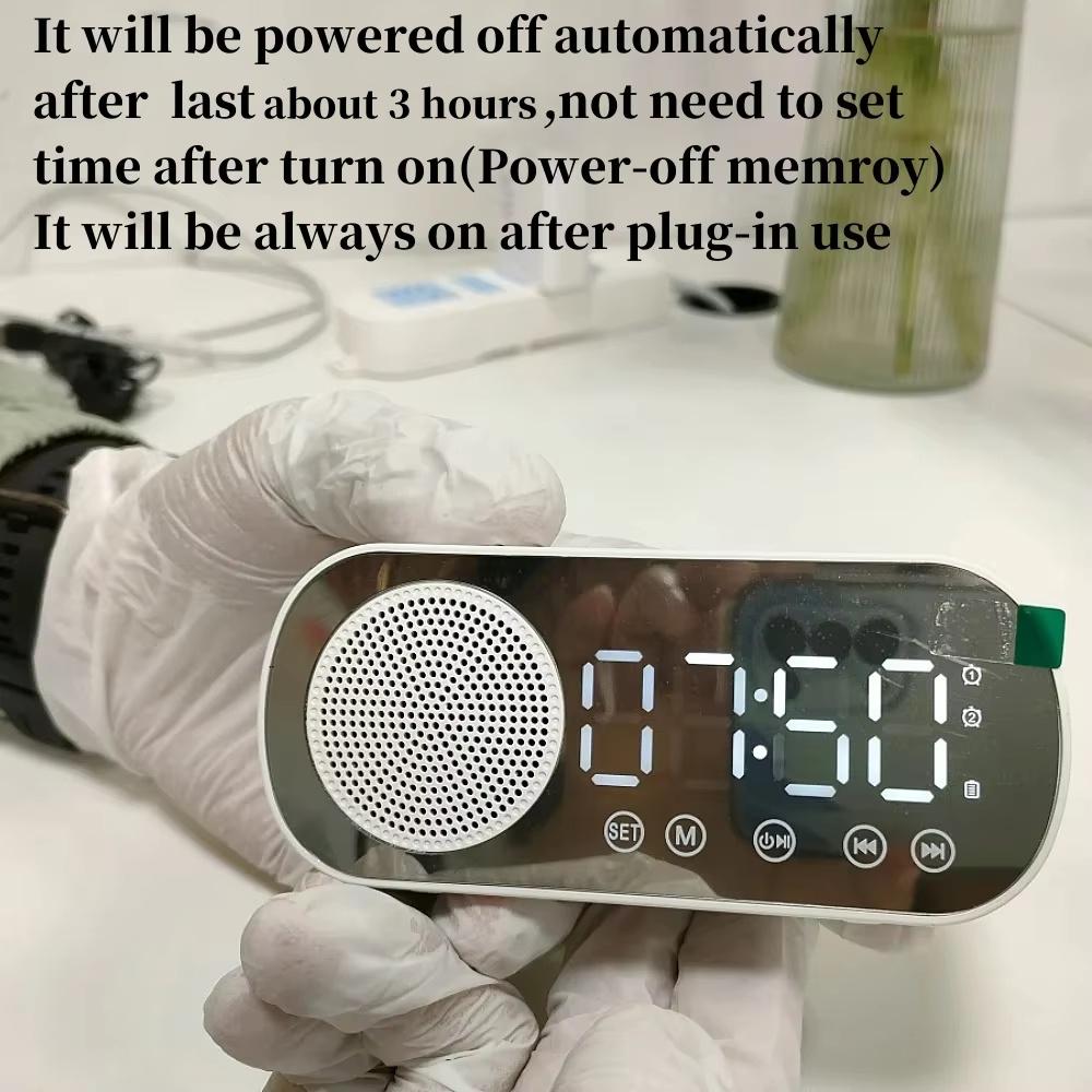 Mini Mirror Digital Alarm Clock Timer Rechargable Wireless Clock 2 Alarms FM Radio Wireless Speaker Subwoofer Desktop LED Clock