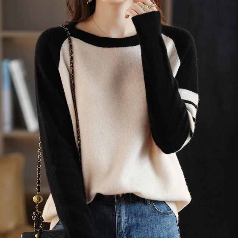 Round-neck Color-blocked Sweater Women's Trendy Loose Knitted Sweater Casual Short Pullover Spring and Autumn