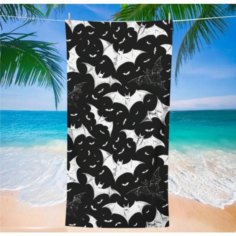 Black & White Bat Print Beach Towel, Microfiber Sand Free Quick Dry, Gothic Halloween Pattern, Soft Absorbent for Summer & Pool