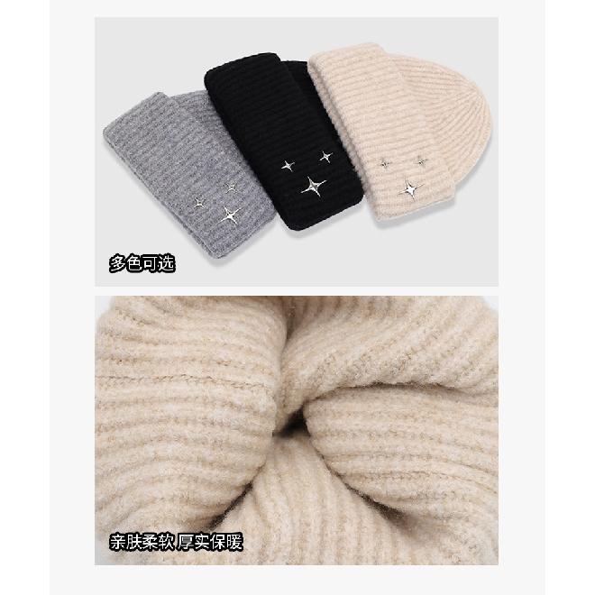 Star-patterned knitted hat for women, winter Japanese-style loose fit for large head circumference, warm and ear-protecting woolen hat, versatile and