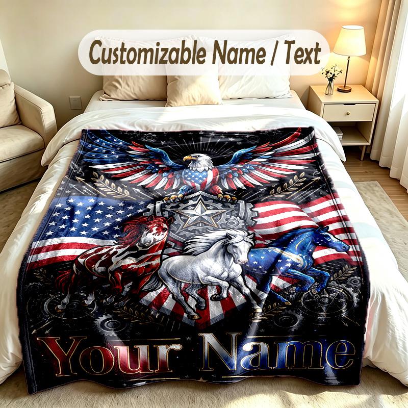 American Patriotic Theme Custom Blanket Personalized Name & Text Customized Soft Warm Throw Blanket Home Decor