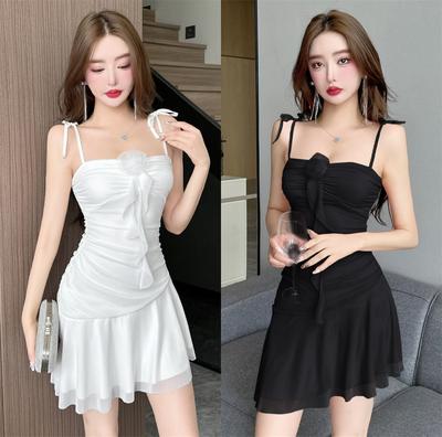 Sexy Celebrity Low-cut Pleated Flower Splicing Sleeveless Suspender Skirt Sexy Temperament Backless Ruffle Edge Slim Skirt