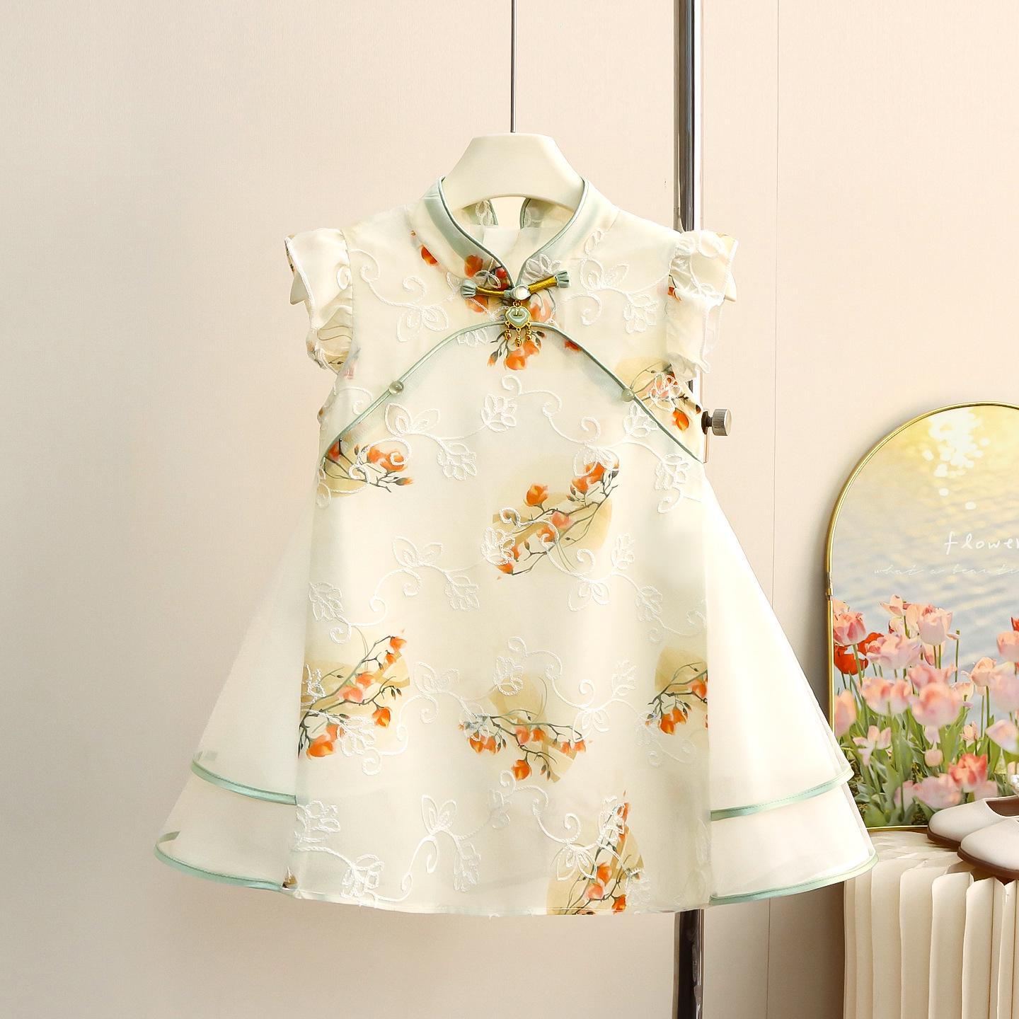 Girls Summer Short-Sleeve Embroidered Panda Qipao Dress – Ancient Hanfu Style
