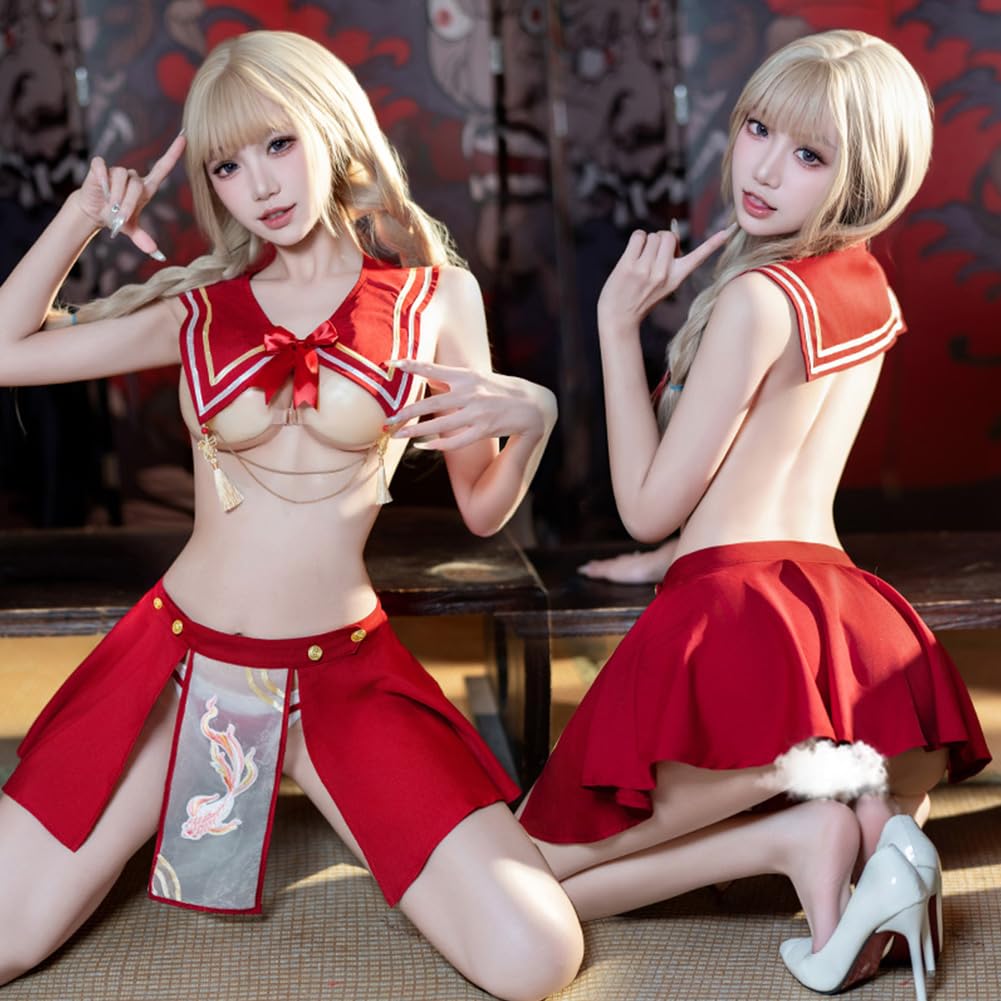 Set Sexy Sailor Costume Miniskirt Bikini Embroidered Dual Structure of Neat and Suitable for One Size Fits Cosplay Costume [SENMHS] 5-piece (tops + +