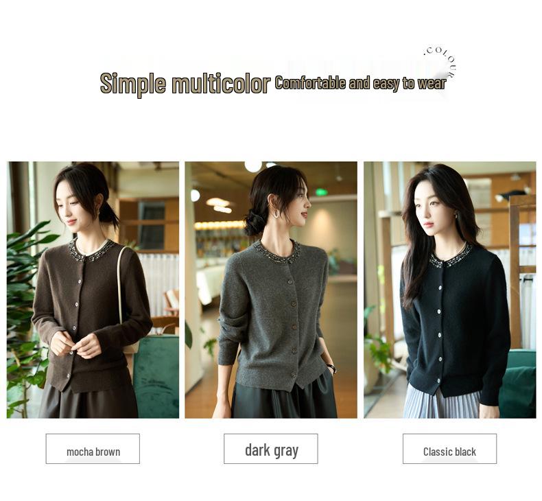 2025 Autumn/Winter Women's Round Neck Pure Wool Cardigan with Rhinestones, Slimming Knit Cashmere Sweater Coat