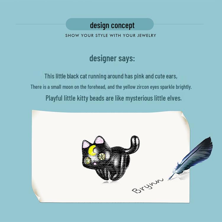 Sterling Silver S925 Moon Cat Beaded Bracelet with Black Gold Plated Zircon Halloween Beads