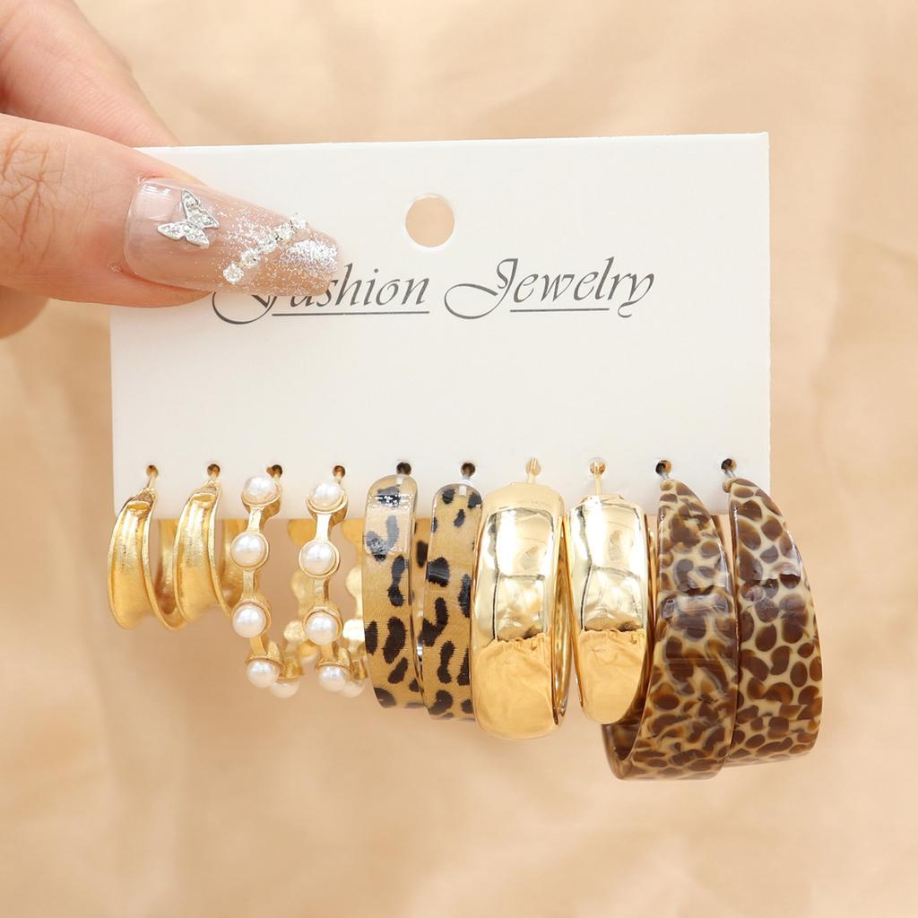 17KM 10 Pcs Acrylic C-shaped Leopard Print Earring for Women European and American Metal Earrings Light Luxury Accessories