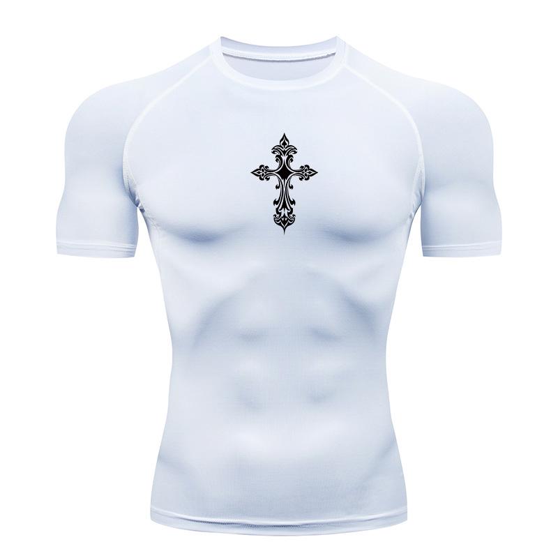Cross Print Compression Shirts for Men Athletic Quick Dry Tshirt Tees Tops Gym Workout Running Rash Guard Baselayers Undershirts