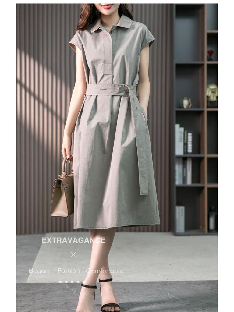 2025 Letní Dámské Tričkové Šaty Plné Barvy Zeštíhlující Pas - Střední Délka, Volné, Ležérní a Elegantní