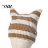 Playful Winter Accessory Cat Ear Hat for Women Girls, Striped Slouchy Crochet Headgear Fashionable Streetwear Headwear with Shiny Rhinestones,
