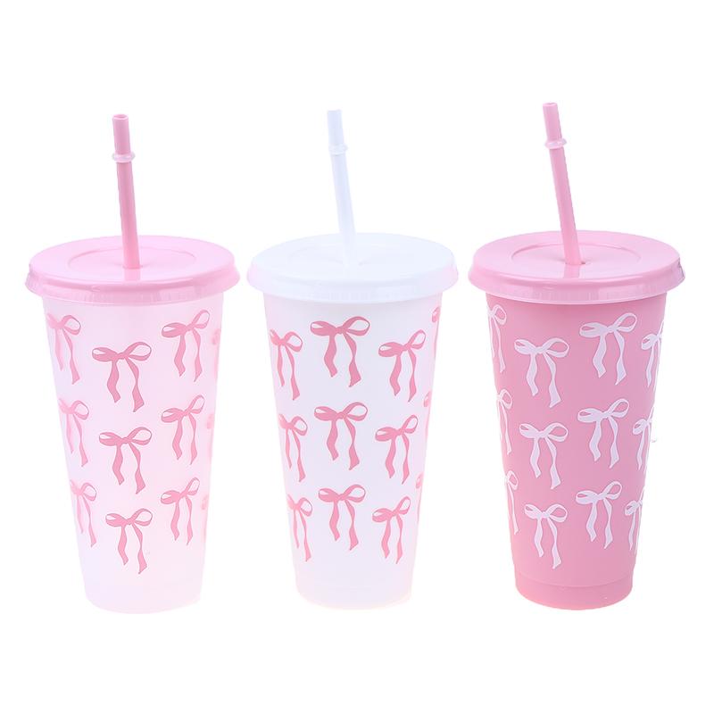 Large Capacity 710ml Bow Reusable Party Cups With Straw Lid Coffee Juice Tea Cute Tumbler With Straw Plastic Cups Gifts 24oz