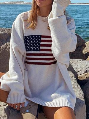 Mulheres Bandeira Padrão Suéteres Vintage Solto Quente Suéteres Manga Longa Redondo Casual Harajuku Pullovers Malhas Streetwear