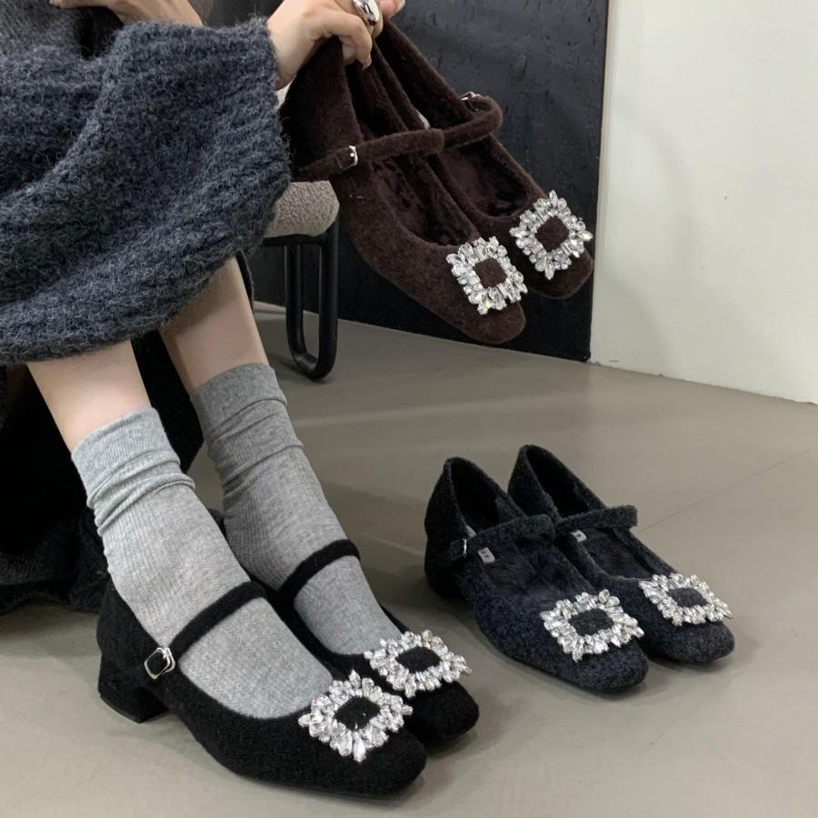 Thick Heel High Heel Black Square Head Rhinestone Single Shoes Women's Shoes 2025 New Autumn and Winter Plush Mary Jane Mao Shoes