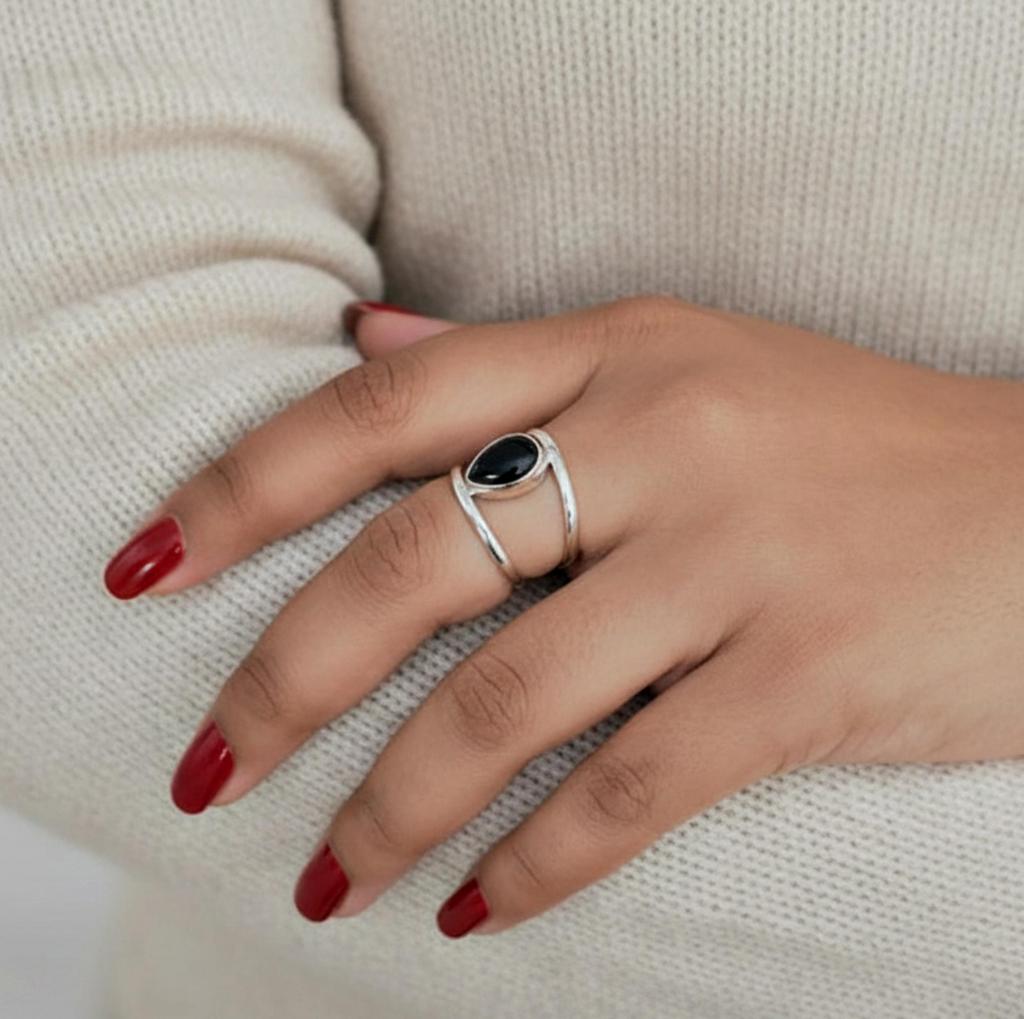 Pear Cut Black Onyx Ring, 925 Solid Sterling Silver, Minimalist Statement Ring for Women