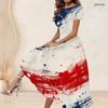Women Plus Size Round Neck Short Sleeve Firework Star Printed Navy Blue Gathered Waist A Line Long Dress