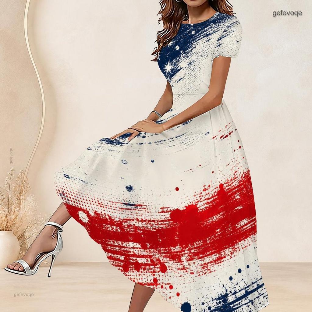 Women Plus Size Round Neck Short Sleeve Firework Star Printed Navy Blue Gathered Waist A Line Long Dress