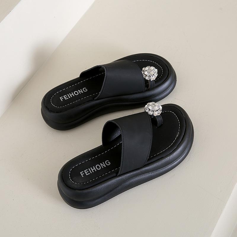 

Thick-soled slippers summer wear 2025 new versatile retro rhinestone cover toe cool one-word casual 40 чёрный
