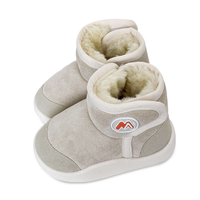 Baby snow boots winter velvet thickened children's boots short soft sole Velcro solid color warm cotton shoes waterproof