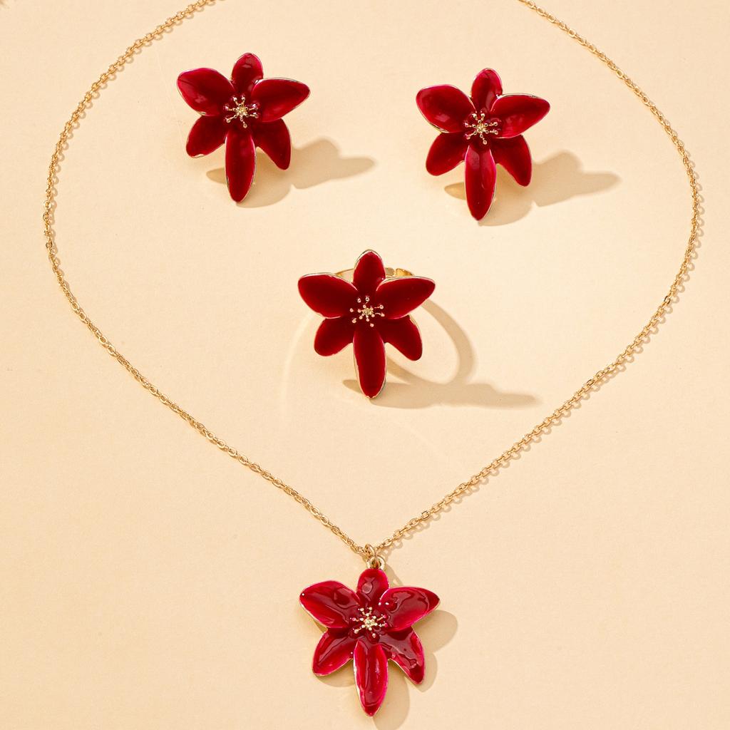 Set di Gioielli da Donna, Anello Fiore Rosso, Orecchini e Collana, Adatto per l'Uso Quotidiano e per le Vacanze