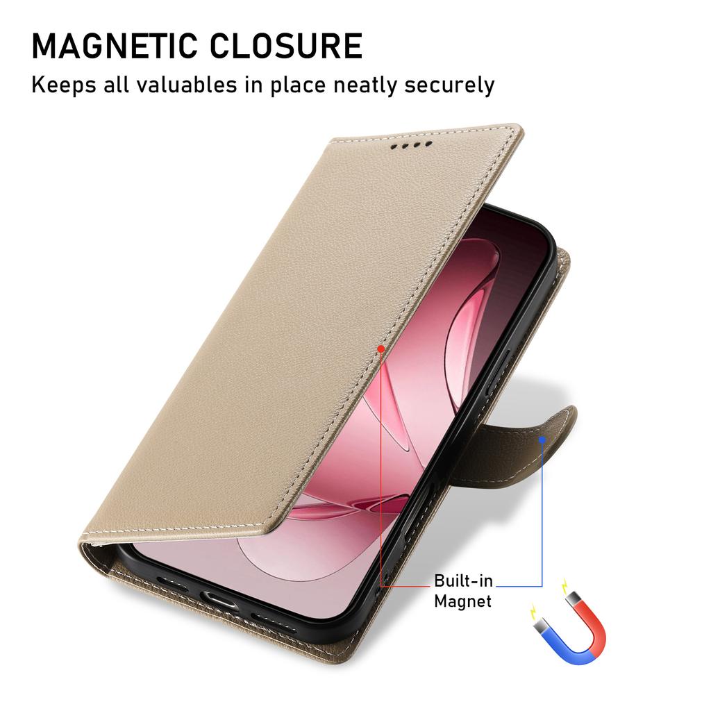 For Oppo Reno14 F 5G Case Magnetic Snap Litchi Texture Leather Wallet Phone Cover with Wrist Strap