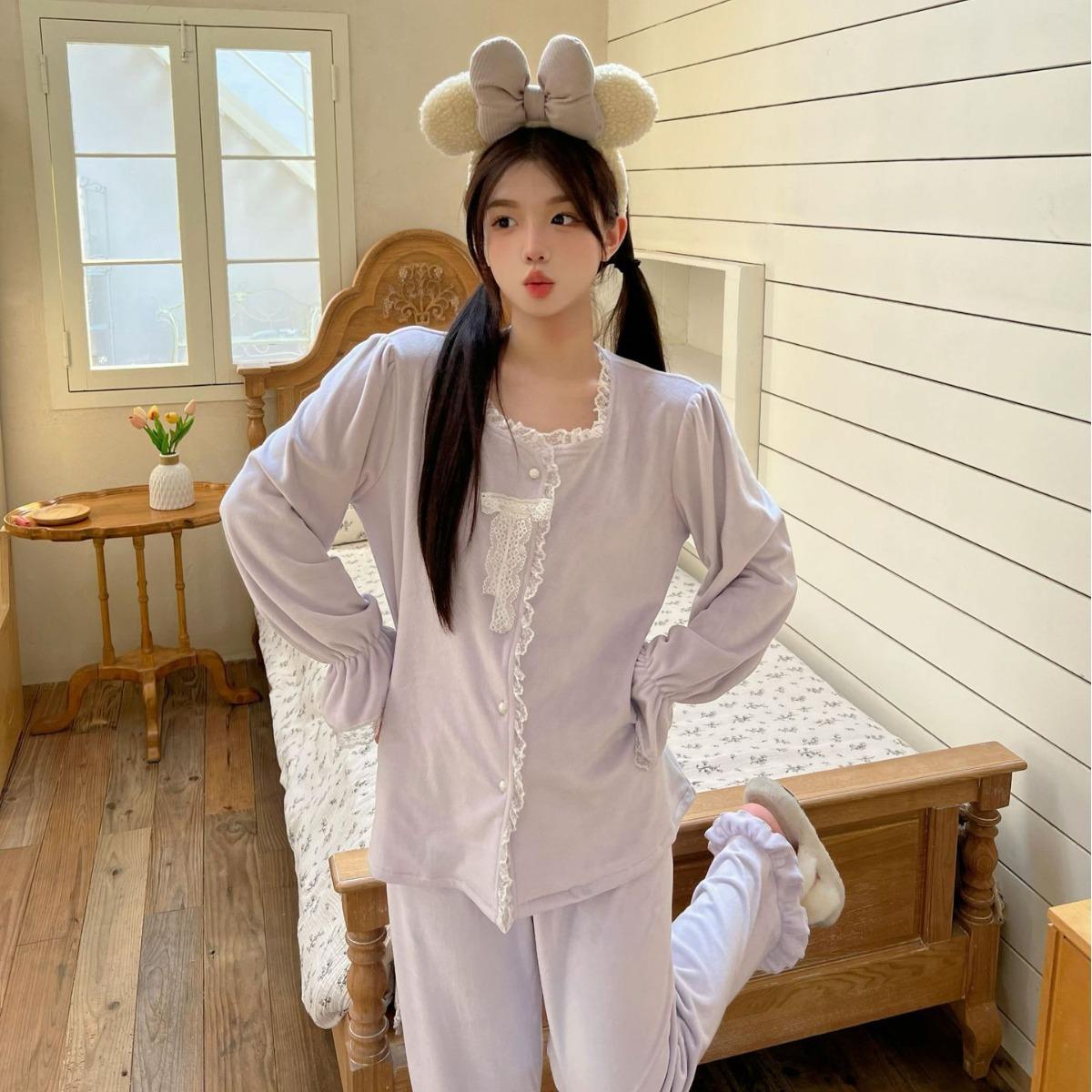 

Пижамный комплект Зимняя теплая домашняя одежда в стиле принцессы из 2 предметов пижамный комплект сексуальный милый кружевной топ штаны пижама XL фиолетовый