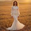 Cross-border European and American Women's Clothing  Stand-up Collar Button Lantern Sleeve Lace Court Style Top Fishtail Long Skirt Set