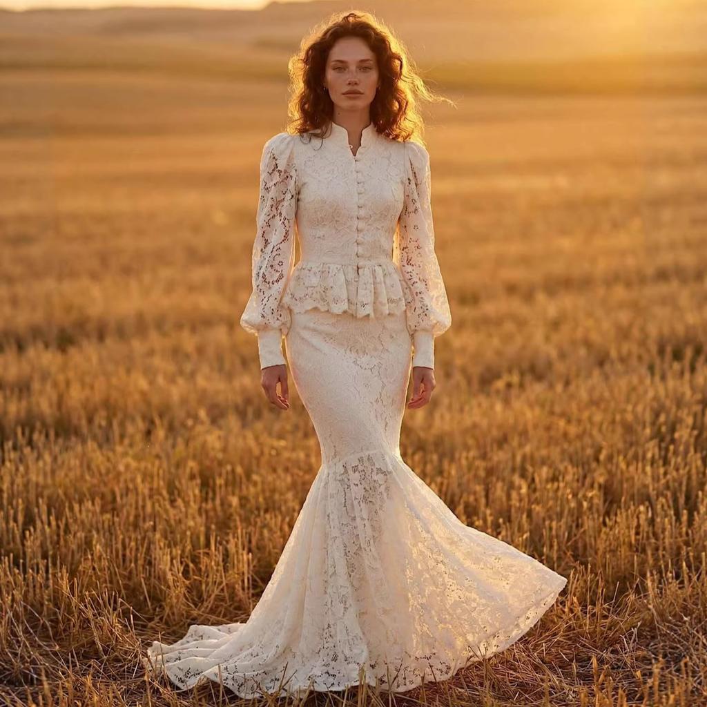 Cross-border European and American Women's Clothing Stand-up Collar Button Lantern Sleeve Lace Court Style Top Fishtail Long Skirt Set