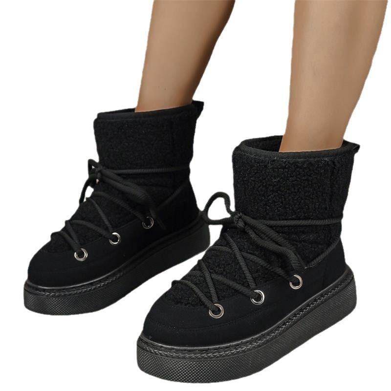 Fashion Women's Plush Thick Soled Snow Boots 2025 Winter New Style Lace Up Retro Plush Warm Casual Cotton Boots
