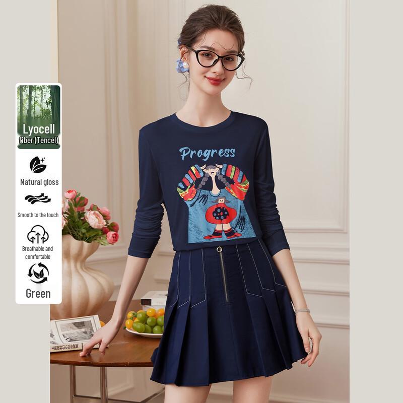 Bailuyu Tencel Contrast Pattern Long Sleeve Pullover T-Shirt for Women S