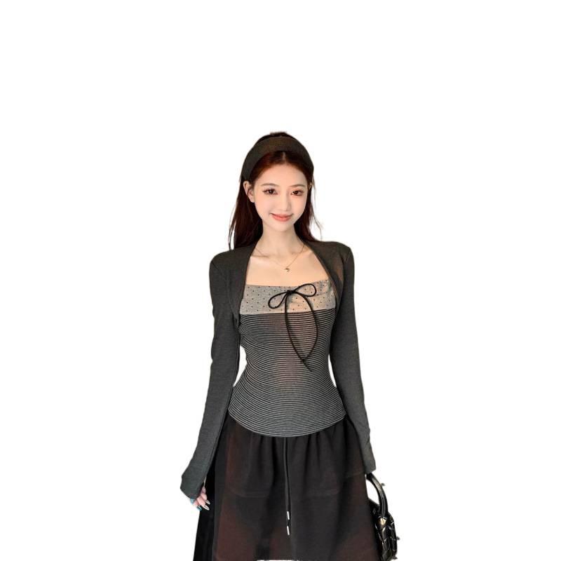 Ensemble Deux Pièces Chemise Papillon à Pois Manches Longues pour Femme Amincissant Col Carré pour Automne/Hiver